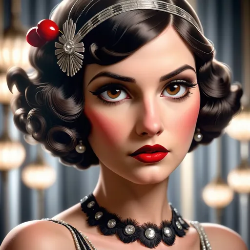 Prompt: 1920s flapper in elegant formal gown, dark brown eyes, cherry red lips, vintage art deco style, high quality, glamorous, detailed hair, elegant, stylish, classic black and white, atmospheric lighting, detailed eyes, professional