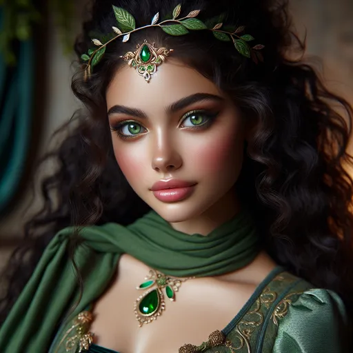 Prompt: The image depicts a strikingly beautiful young woman with a captivating presence. She has long, voluminous, dark curly hair adorned with a green headband that features delicate gold accents and leafy designs. Her vivid green eyes stand out, providing a mesmerizing contrast to her soft, glowing complexion. She has a subtle flush on her cheeks, giving her a healthy, vibrant look.

She is dressed in a green outfit that appears to be inspired by fantasy or medieval themes. The attire includes intricate gold details, adding to the ornate and regal appearance. She wears a green scarf around her neck, complemented by a statement necklace featuring a green gem and gold elements.