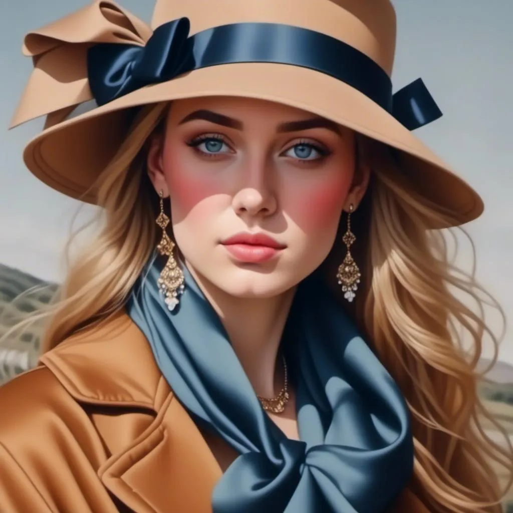 Prompt: <mymodel> a painting of a woman wearing a hat and a scarf with a ribbon around her neck and earrings, Edwin Georgi, figurative art, extremely detailed oil painting, a photorealistic painting