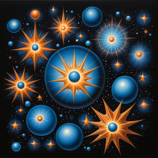 Prompt: a painting of a bunch of balls and stars in the sky with a black background and a blue center, David A Hardy, psychedelic art, intricate oil painting, an airbrush painting