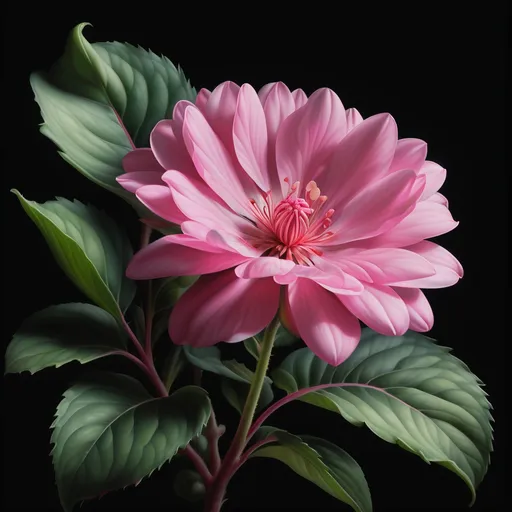 Prompt: a pink flower with green leaves in the background and a black background with a pink flower in the foreground, Boetius Adamsz Bolswert, photorealism, highly detailed digital painting, an airbrush painting