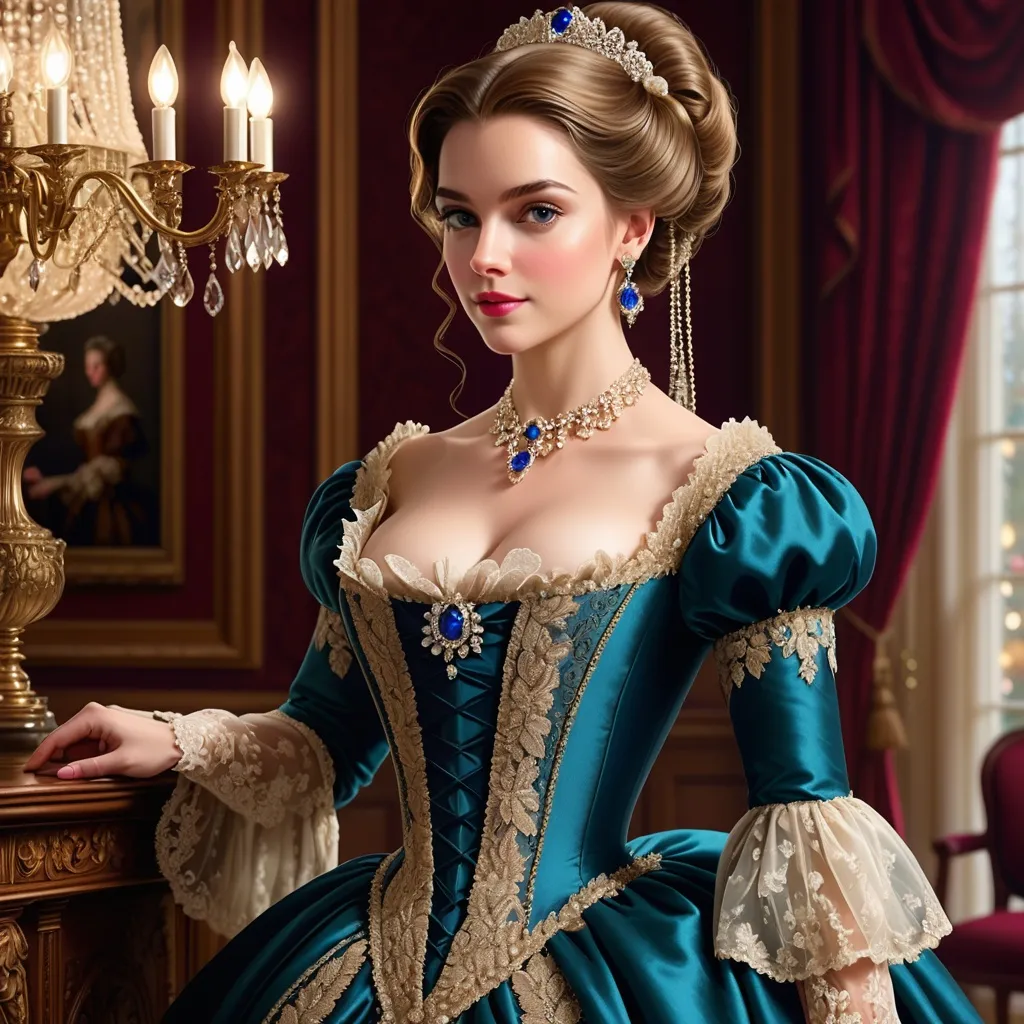 Prompt: (elegant 1600s woman), historically accurate gown, adorned with intricate lace, lavish sparkling jewelry, (soft warm lighting), standing in a beautifully designed parlor, rich color tones, opulent decor, (highly detailed textures), saturated hues, atmospheric elegance, inviting ambiance, (4K ultra-detailed), artistry that captures the essence of wealth and sophistication.