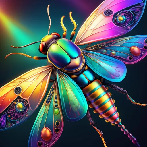 Prompt: Vibrant digital illustration of colorful insects, intricate details, vivid and lively, high quality, digital art, fantasy, rainbow colors, glowing wings, exotic patterns, macro perspective, iridescent sheen, surreal, magical lighting, intricate composition, ethereal atmosphere