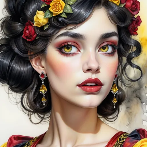 Prompt: <mymodel> beautiful woman, hair pinned up, yellow red black dress, earrings, Watercolor, trending on artstation, sharp focus, studio photo, intricate details, highly detailed, by  Josephine Wall and Jasmine Becket-Griffith