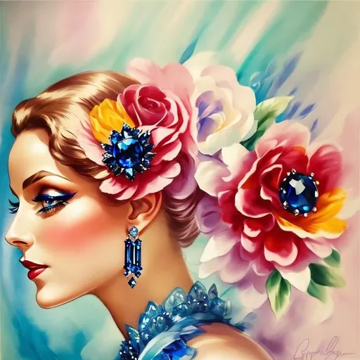 Prompt: Glamorously dressed lady of rhe 1930's wearing sapphire jewelry,blue eyes