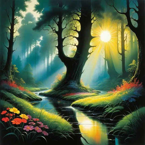 Prompt: a stream in a forest with trees and grass on both sides of it and a bright sun shining through the trees, bright bursts of colorful flowers.  Eyvind Earle, magic realism, fantasy artwork, an airbrush painting