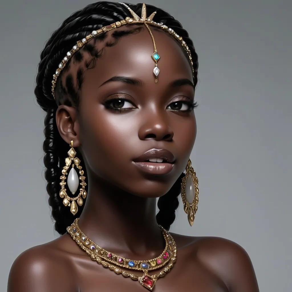 Prompt: A beautiful ebony skinned princess, Adorned with jewls