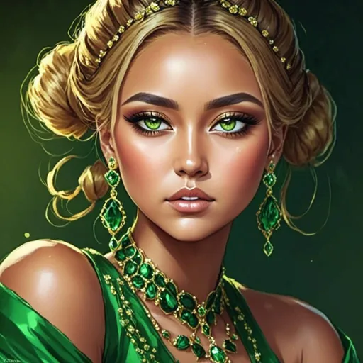 Prompt: <mymodel>Detailed illustration of a woman in vibrant green attire, large vivid green eyes, elegant makeup, digital painting, high resolution, realistic style, vibrant green, professional lighting