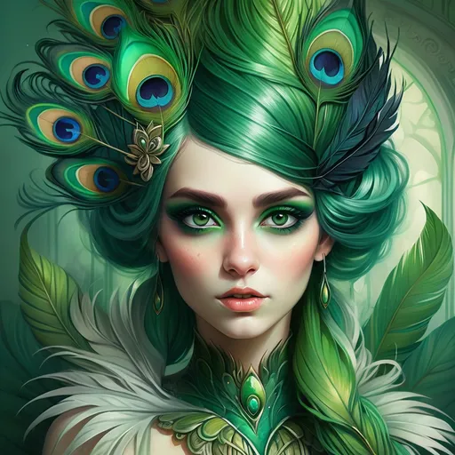 Prompt: a woman with green hair and a peacock costume on her head and a green feather on her head and a green eyeliner, Anna Dittmann, fantasy art, highly detailed digital painting, a photorealistic painting