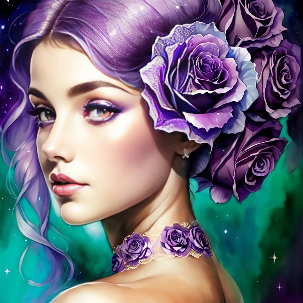 Prompt: Cosmic Epic Beauty, Beautiful and Gorgeous, purple roses in hair