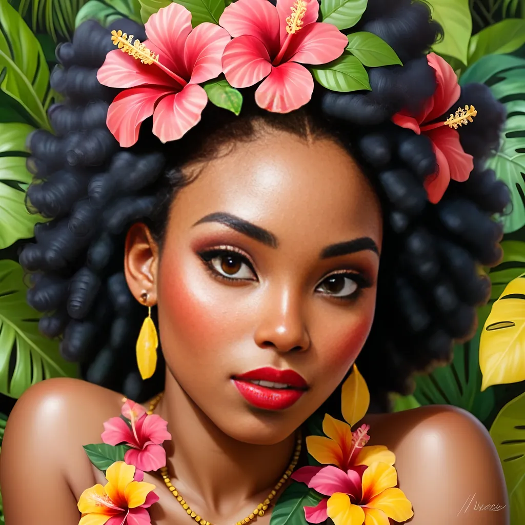 Prompt: Painting of the portrait of a pretty Melanesian woman, wearing cocontractant leaves crown and hibiscus flowers on her left ear. She has long thick afro hair, a black skin and she is surrounded by tropical nature and flowers. 