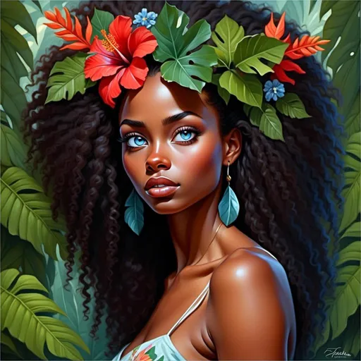 Prompt: <mymodel> Painting of the portrait of a pretty Melanesian woman, wearing cocontractant leaves crown and hibiscus flowers on her left ear. She has long thick afro hair, a black skin and she is surrounded by tropical nature and flowers. 