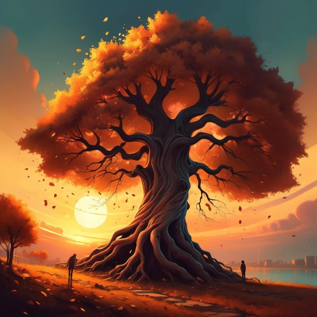 Prompt:  an autumn tree standing under a sunset.  Cyril Rolando, fantasy art, highly detailed digital painting, a detailed painting