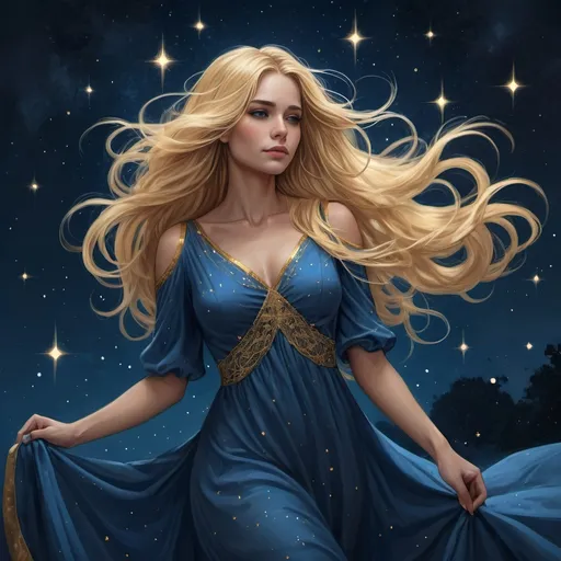 Prompt: a woman with long blonde hair in a blue dress with stars in the background and a blue dress with gold trim, Charlie Bowater, fantasy art, highly detailed digital painting, a detailed painting