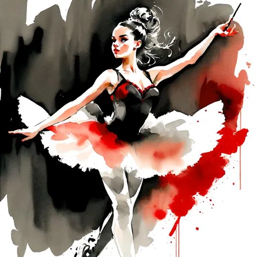 Prompt: young lady ballerina, watercolors, black, gray, white and red, with big attitude, on vaudeville stage