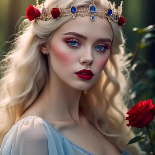 Prompt: <mymodel>Fairy tale, beautiful girl with white skin, (perfect face), light golden hair, blue pupils, red lips, forest style, mysterious, vintage fashion-dresses, with a transparent crystal crown on her head, the woman's body is so white Glows, (high detail) sitting on an oversized red rose, hyperdetail, ultra high definition.