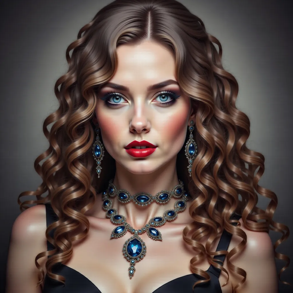 Prompt: a woman with long hair and a necklace on her neck and a red lipstick on her cheek and a black dress, Carla Wyzgala, gothic art, highly detailed digital painting, a photorealistic painting