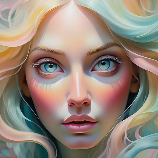 Prompt: Ethereal oil painting of a serene goddess, flowing pastel brushstrokes, surreal ethereal beauty, divine radiance, high quality, oil painting, serene beauty, pastel tones, soft lighting, facial closeup