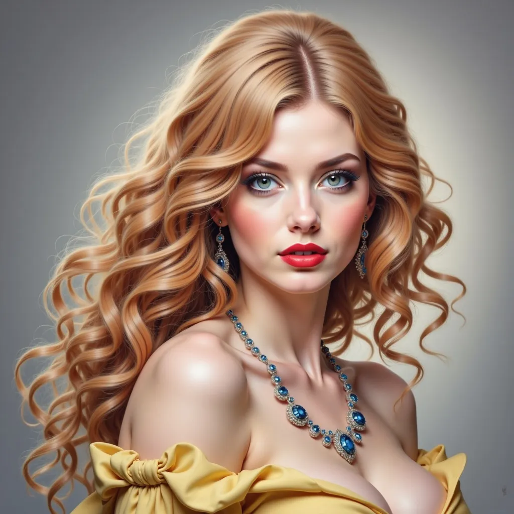 Prompt: a painting of a woman with red hair, large green eyes and a necklace on her neck and a blue dress on her shoulders, Edwin Georgi, photorealism, highly detailed digital painting, a photorealistic painting