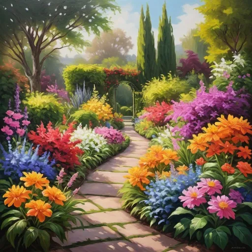 Prompt: Vibrant, high-resolution oil painting of a lush garden, blooming with colorful flowers, intricate brushwork, rich and vivid colors, professional art quality, realistic style, warm tones, natural lighting, detailed petals, fresh and lively, high quality, floral painting, professional, realistic, vibrant colors, lush garden, intricate brushwork, warm tones, natural lighting