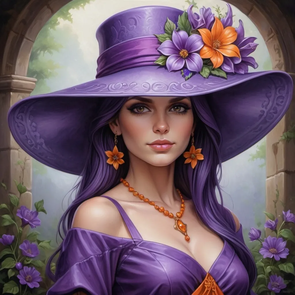 Prompt: a woman wearing a purple hat with  orange flowers on it's head and a purple dress with a purple sash, Anne Stokes, fantasy art, purple, a detailed painting