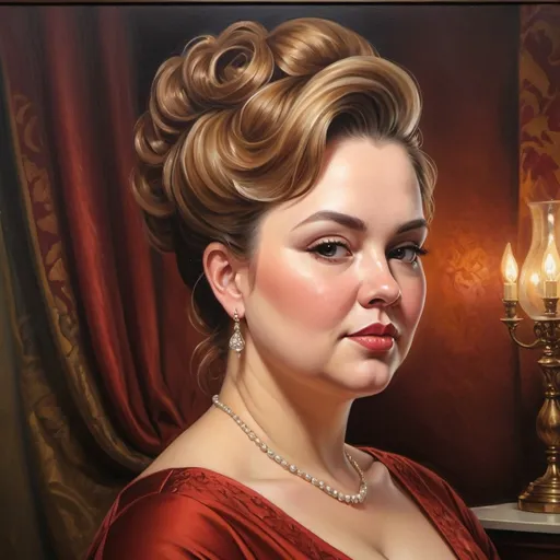 Prompt: Elegant, well-dressed overweight woman, oil painting, detailed features, high quality, realistic, elegant attire, confident pose, luxurious setting, soft warm lighting, classic portrait style, rich colors, detailed facial expression, refined, professional artist, vibrant, opulent