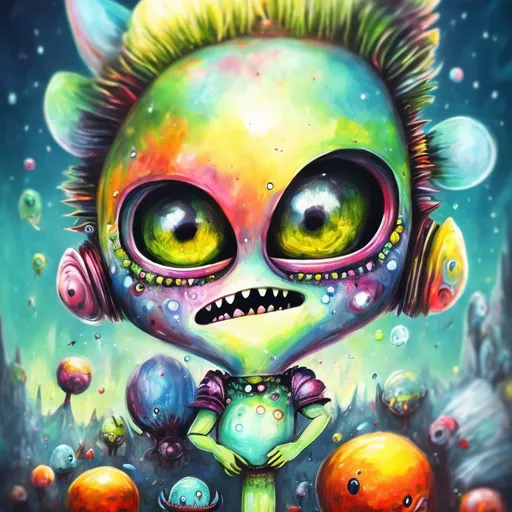 Prompt: Whimsical, cute alien, cartoon style, vibrant colors, large expressive eyes, playful demeanor, alien landscape, otherworldly plants, best quality, high resolution, vibrant, cartoon, cute, whimsical, otherworldly, playful, expressive eyes, alien landscape, vibrant colors, professional