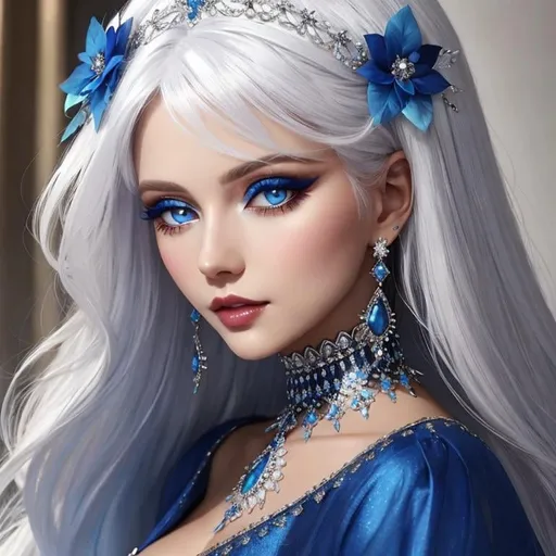 Prompt: A beautiful woman, white hair, blue eyes, blue eyeshadow, blue jewels o