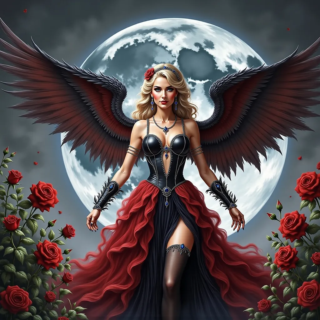 Prompt: a woman in a red dress with wings in front of a full moon with roses in the foreground, Anne Stokes, gothic art, dark fantasy art, a detailed painting