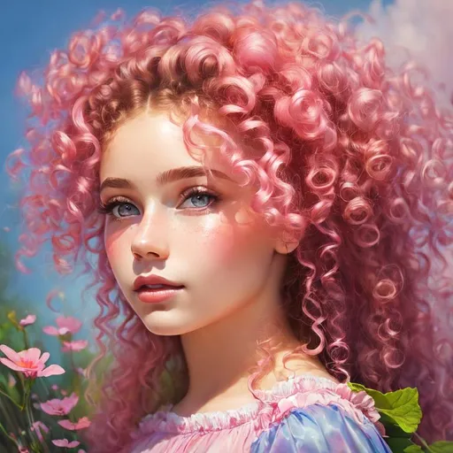 Prompt: a young fairy of spring,  lots of very curly hair, pink glow on cheeks, wildflowers, vivid colors, closeup