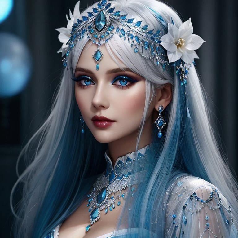 Prompt: A beautiful woman, white hair, blue eyes, blue eyeshadow, blue jewels o