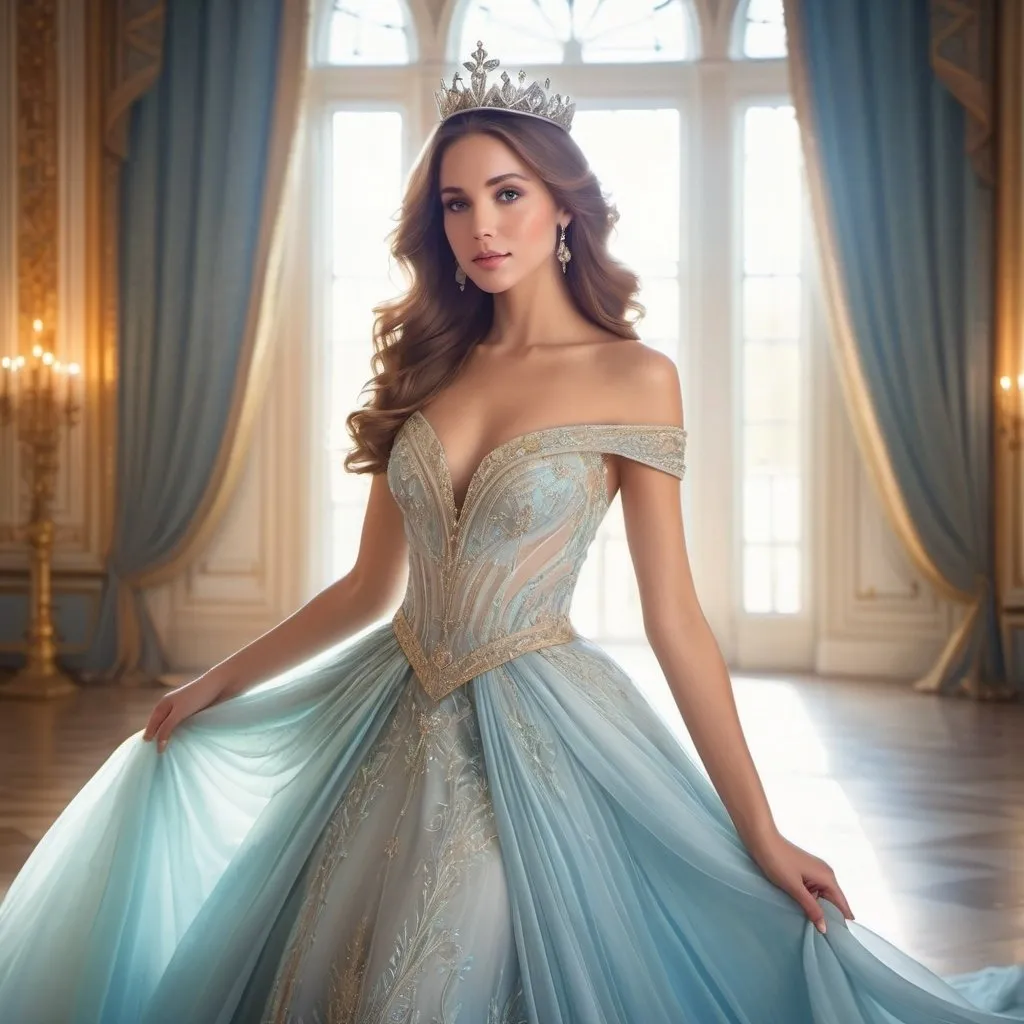 Prompt: Princess, elegant dress, flowing gown, regal crown, royal palace backdrop, exquisite details, high quality, fantasy art, soft pastel tones, ethereal lighting