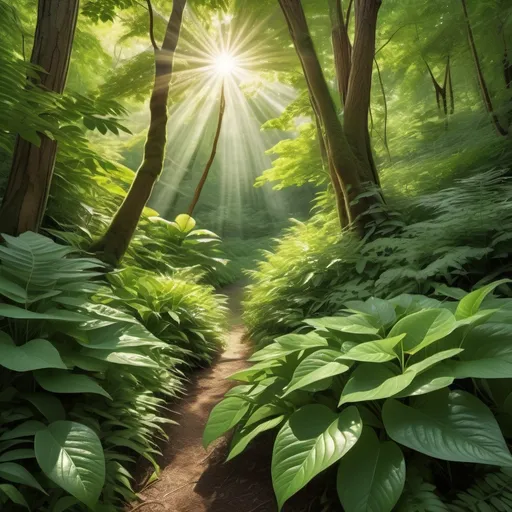 Prompt: (vibrant green imagery), (lush foliage), rich textures, serene nature scene, bright sunlight filtering through leaves, refreshing and revitalizing atmosphere, peaceful and tranquil vibes, high quality, ultra-detailed, emphasizing nature's beauty and vitality, relaxed wilderness setting, soft shadows dancing on the ground, organic shapes and patterns, warm and inviting light.