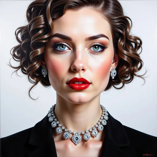 Prompt: a painting of a woman wearing a diamond necklace on her neck , Edwin Georgi, photorealism, highly detailed digital painting, a photorealistic painting