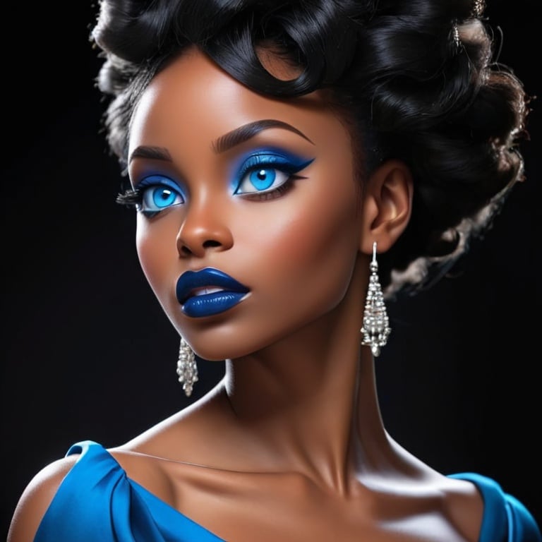 Prompt: Elegant black woman, striking blue eyes