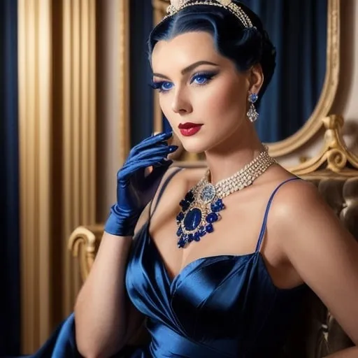 Prompt: <mymodel>Glamorously dressed 1930's lady, sapphire jewelry, blue eyes, vintage glam, luxurious satin gown, elegant updo hairstyle, detailed facial features, high-quality, vintage, glamorous, detailed sapphire jewelry, sophisticated makeup, atmospheric lighting, deep blue color tones, classic Hollywood style