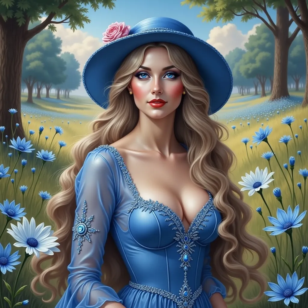 Prompt:  a woman in a field of flowers with a pink rose in her hair and a blue dress, Anna Dittmann, fantasy art, highly detailed digital painting, a photorealistic painting