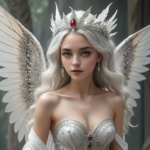 Prompt: A striking figure emerges with ethereal beauty, framed by large, delicate wings that shimmer softly in muted tones of white and silver. She has flowing white hair styled elegantly, accentuated by a silver tiara adorned with intricate designs and a red gemstone at its center. Her piercing eyes, framed by long lashes, convey a sense of both allure and mystery, while her soft red lips contrast with her porcelain complexion. Draped in an ornate white gown and layered with glistening pearl jewelry, she exudes an air of grace and dignity against a dark, gothic backdrop that hints at ancient architecture. The overall atmosphere is fantastical and enchanting, capturing a moment that feels both timeless and magical.