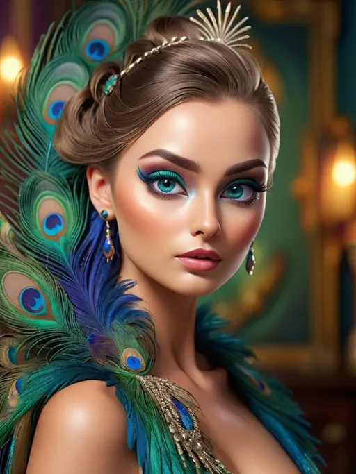 Prompt: Gorgeous woman with beautiful makeup and hair, peacock feathers, high-quality, detailed, realistic, elegant, vibrant colors, professional makeup, glamorous lighting, 4k resolution, portrait, detailed facial features, luxurious, exotic, peacock feathers, elegant hairstyle, stunning makeup, beauty shot