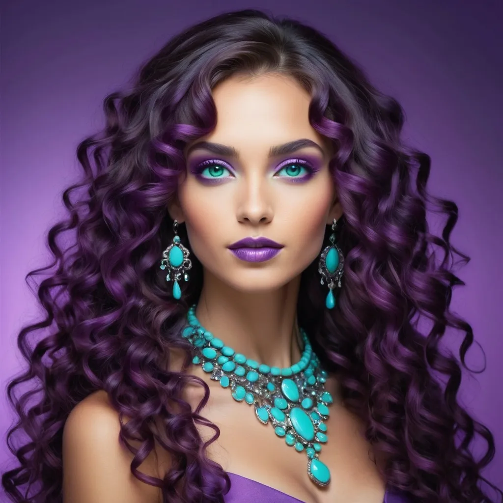 Prompt: An extremely gorgeous woman,  with turquoise jewels, in color scheme of purple, long curly hair