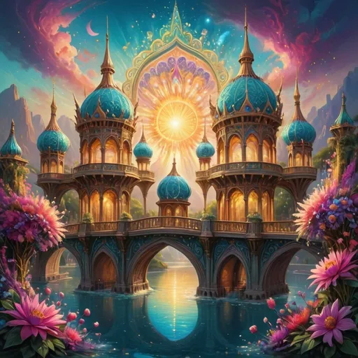 Prompt: Vibrant towers adorned with intricate patterns rise majestically, each crowned with a swirling turquoise dome that showcases ornate details, set against a dazzling backdrop of radiant bursts of sunlight. Below, a serene archway frames a tranquil body of water that reflects the golden light, while lush landscapes of colorful flowers in vivid pinks, purples, and blues envelop the scene, adding to its enchanting allure. The surrounding mountains, shrouded in soft clouds, provide a mystical quality, enhancing the dreamlike atmosphere. Rich hues and a playful interplay of light and shadow infuse the image with a sense of wonder, as if inviting viewers into a fantastical realm brimming with beauty and magic. The overall composition captures a harmonious blend of natural and architectural elements, evoking a feeling of serenity and joy.