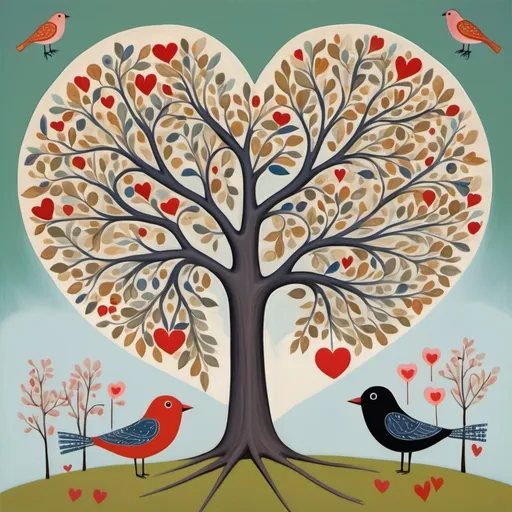 Prompt: a painting of a tree with two birds on it and a heart shaped tree with two birds on it, Annabel Kidston, naive art, birds, a storybook illustration