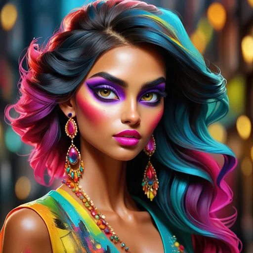 Prompt: <mymodel> digital painting, dramatic colourful makeup, high fashion, intense gaze, realistic portrayal, vibrant colors, detailed features, highres, professional, dramatic, realistic, digital painting, intense gaze, vibrant colors, detailed features, high fashion, glamorous lighting