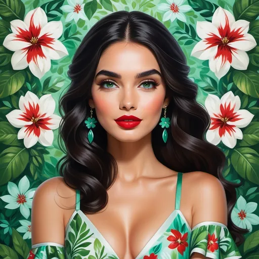 Prompt: Radiating elegance, the young woman in the vibrant green and red floral dress stands confidently amidst a backdrop of lush green foliage and large white flowers. Her long, dark hair cascades around her shoulders, framing a striking face highlighted by bold red lips and captivating aqua eyes that draw in the viewer. The intricate detailing of her dress, featuring floral patterns and a deep neckline, adds a sense of sophistication, while her poised hand, holding a pen, suggests creativity or contemplation. The overall scene, infused with rich colors and a bright, inviting atmosphere, conveys a sense of beauty and empowerment, inviting an interpretation of a moment poised between nature and artistry.