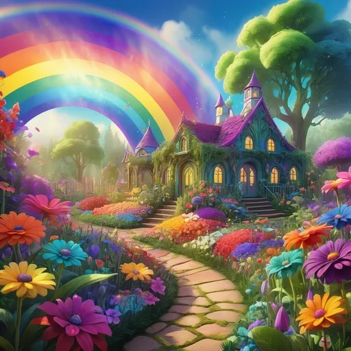 Prompt: Fantasy illustration of a vibrant rainbow-inspired flower garden, whimsical and magical, high-quality, fantasy style, rainbow colors, lush greenery, vibrant blooms, dreamy atmosphere, detailed petals, enchanting lighting, surreal, ethereal, mystical, vivid tones, fantasy setting, fantasy flora, best quality, highres, ultra-detailed, whimsical, magical, vibrant colors, dreamy, enchanted garden