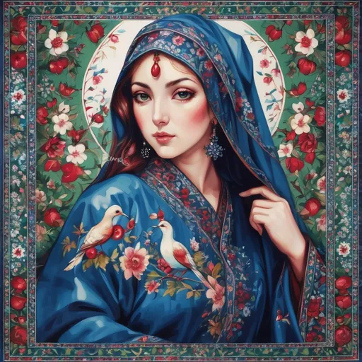 Prompt: A colorful design in the dimensions of 140x140 centimeters, its main theme is white and red, there are pomegranates and cherry blossoms in it, and some green leaves and branches and traditional Iranian designs are used, and there are small birds in it.