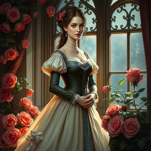 Prompt: an English princess in a Victorian dress standing in front of a window with roses around her. Anne Stokes, fantasy art, highly detailed digital painting, a character portrait