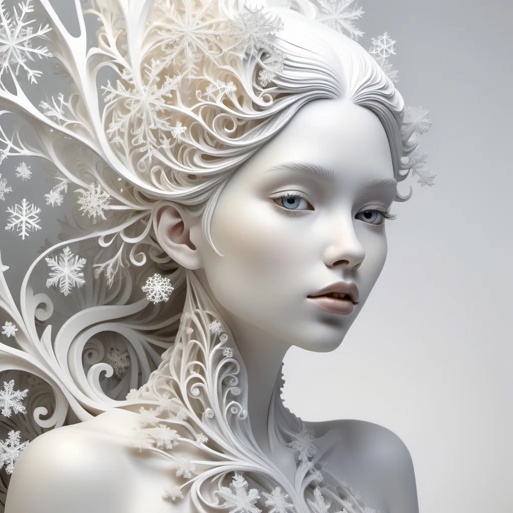 Prompt: A beautiful white female 3D sculpture against a white background, whimsical snowflakes fused throughout the sculpture, Stephanie Law style of hyperrealism, very intricate details, abstract vector fractal, wave function, zentangle, 3D shading