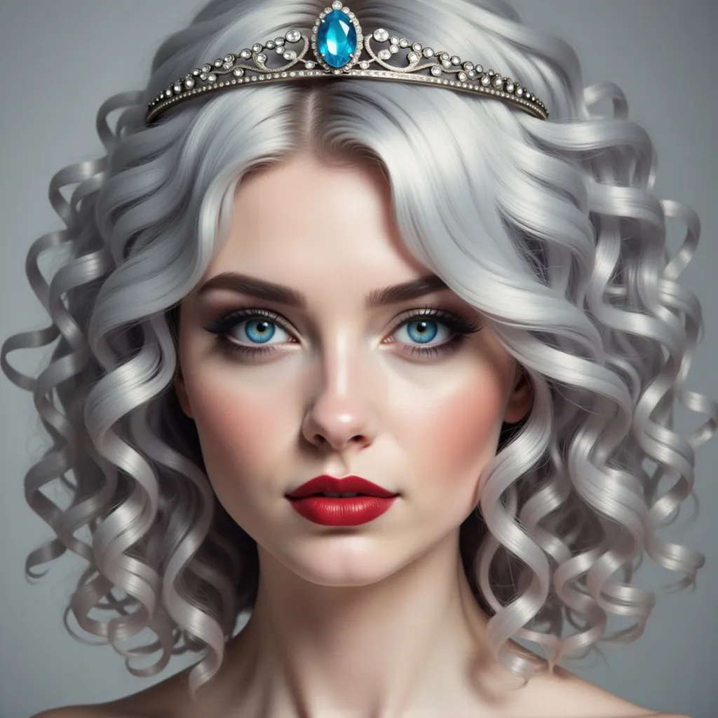 Prompt: a woman with long gray hair wearing a tiara and a tiara on her head, with a diamond tiara on her head, Charlie Bowater, photorealism, highly detailed digital painting, a photorealistic painting