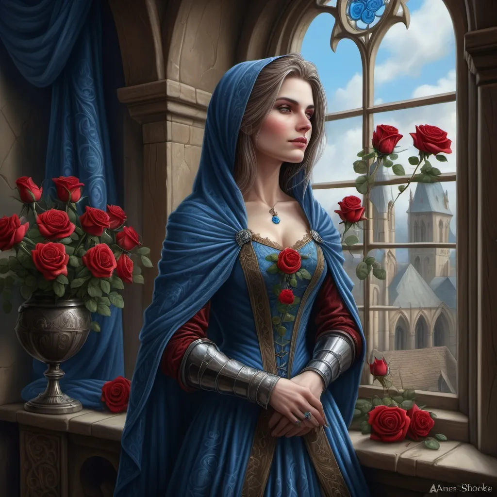 Prompt: a woman in a 15th century dress standing in front of a window with roses around her and a blue shawl, Anne Stokes, fantasy art, highly detailed digital painting, a character portrait